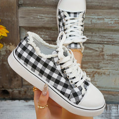 Plaid Canvas Sneakers Round Toe Lace-Up Low Top Shoes