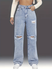 Loose Fit Straight Jeans Ripped Holes Slash Pockets Denim Pants