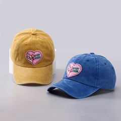 Heart Cat Patch Baseball Cap Embroidery Washed Distressed Cotton Sun Hat