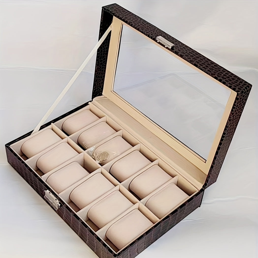 Crocodile Pattern 12-Digit Watch Box Leather Storage Display Jewelry Box