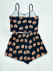 Pumpkin Print Pajama Set V Neck Cami Top & Lace Trim Shorts