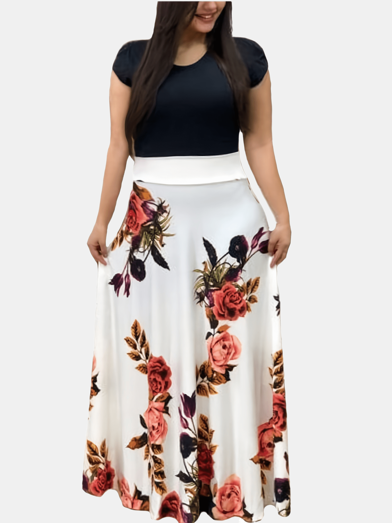 Floral Print Maxi Dress Short Sleeve Round Neck Boho Style