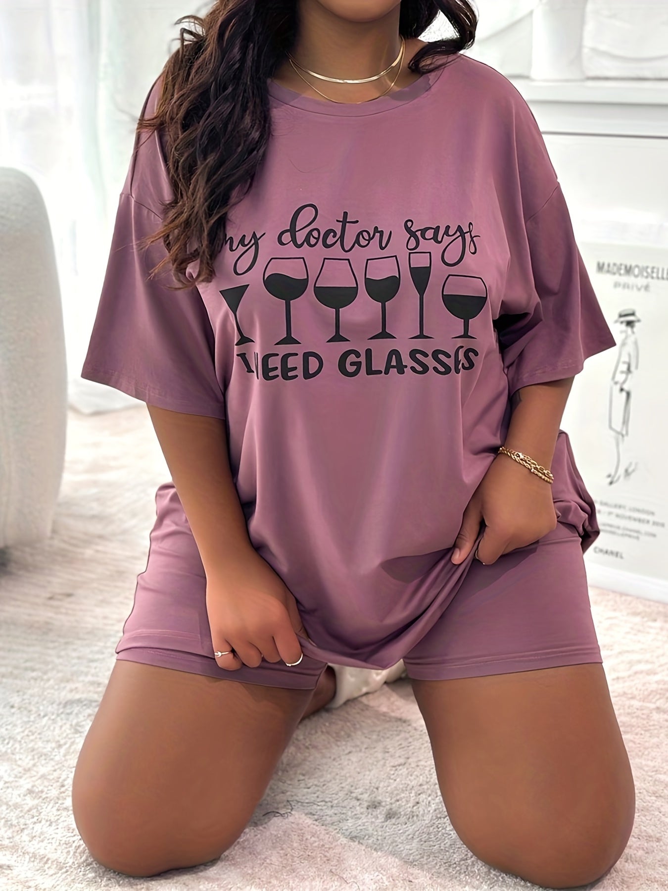 Women's Plus Size Wine Glasses Print Tee & Shorts Pajama Set
