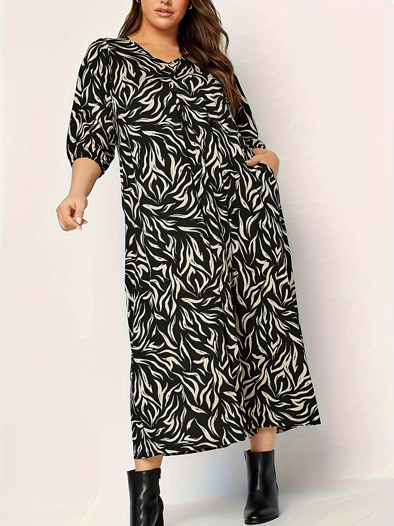 Allover Print Lantern Sleeve V Neck Midi Dress With Pockets