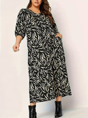 Allover Print Lantern Sleeve V Neck Midi Dress With Pockets