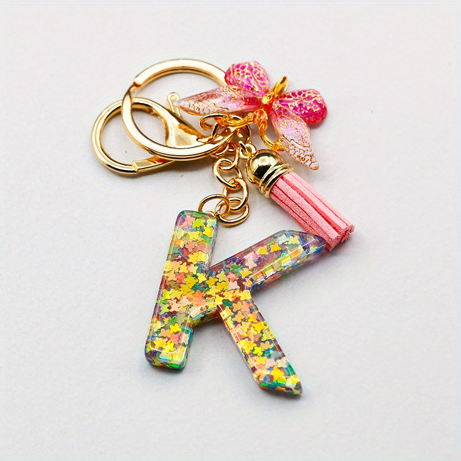Initial Letter Keychain Resin Butterfly Pendant Tassel Backpack Ornament