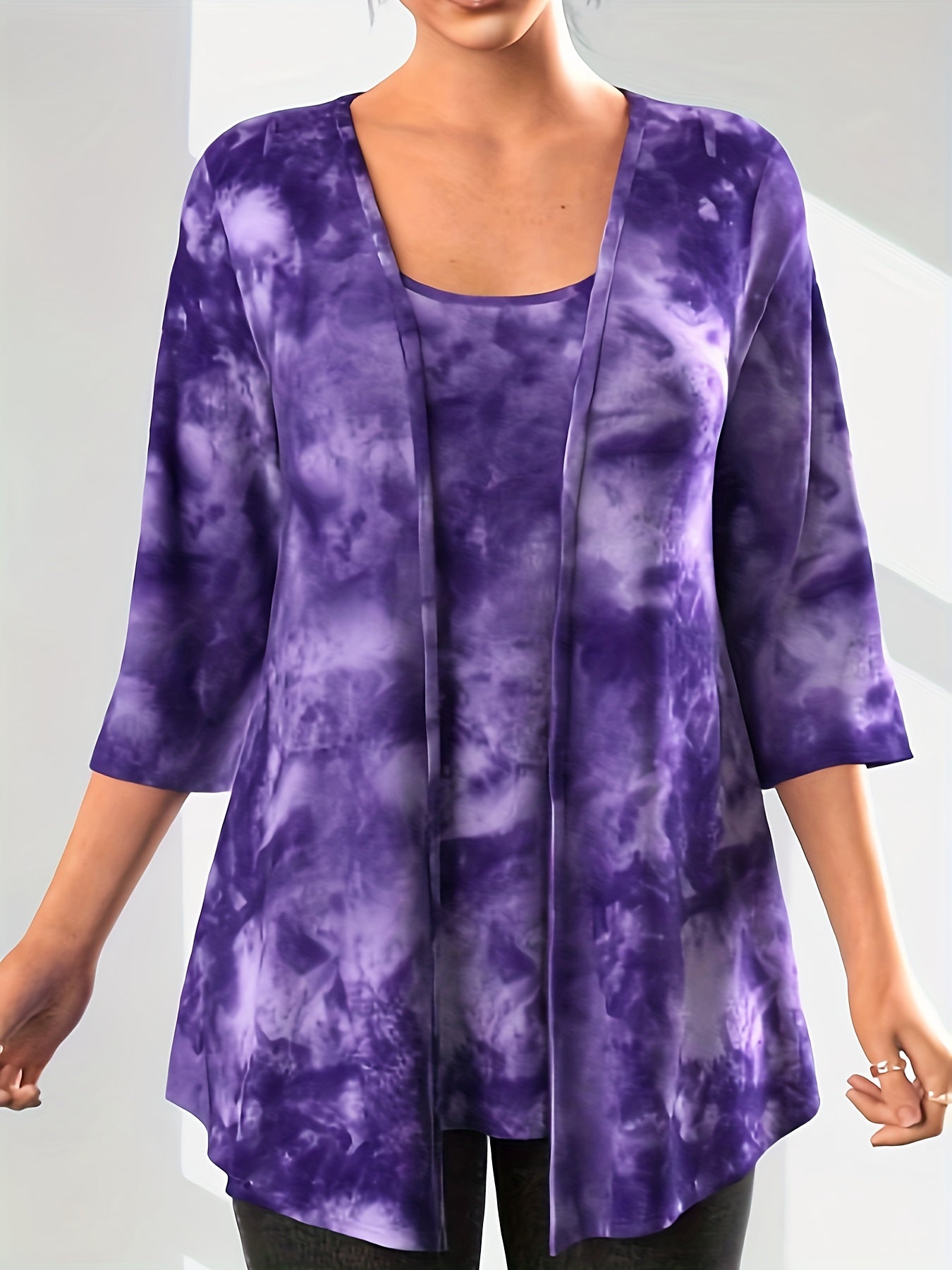 Plus Tie Dye Top & Cardigan Set Women's Plus Size Casual Outfits