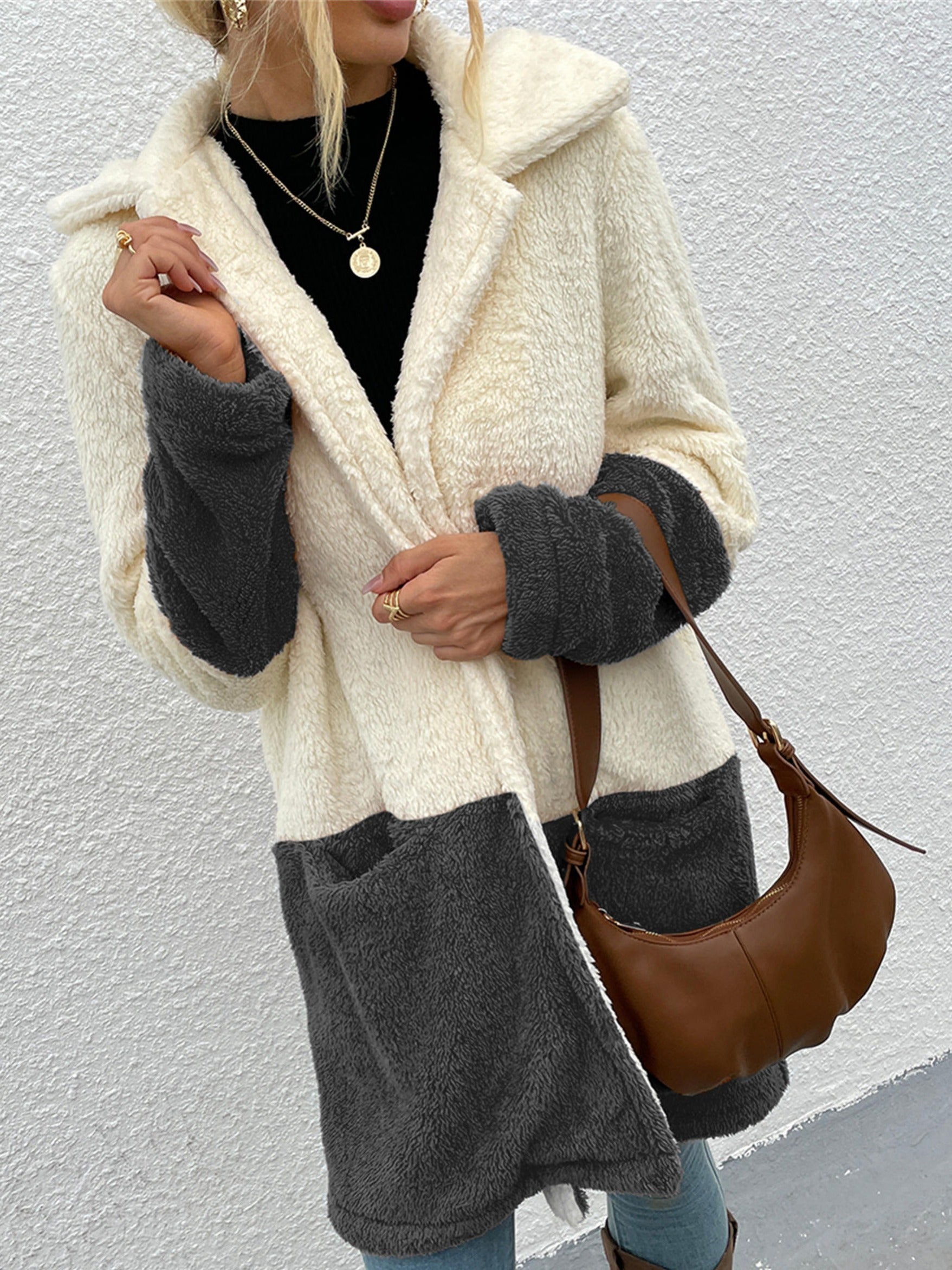 Women's Velvet Lapel Jacket Sweater with Large Pockets
