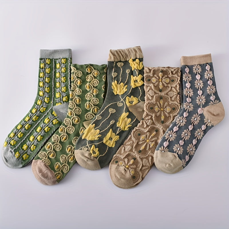 5 Pairs 3D Floral Textured Comfy Mid Tube Socks Women's Stockings