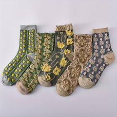 5 Pairs 3D Floral Textured Comfy Mid Tube Socks Women's Stockings