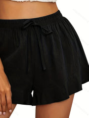 Solid Ruffle Trim High Rise Elastic Drawstring Loose Shorts