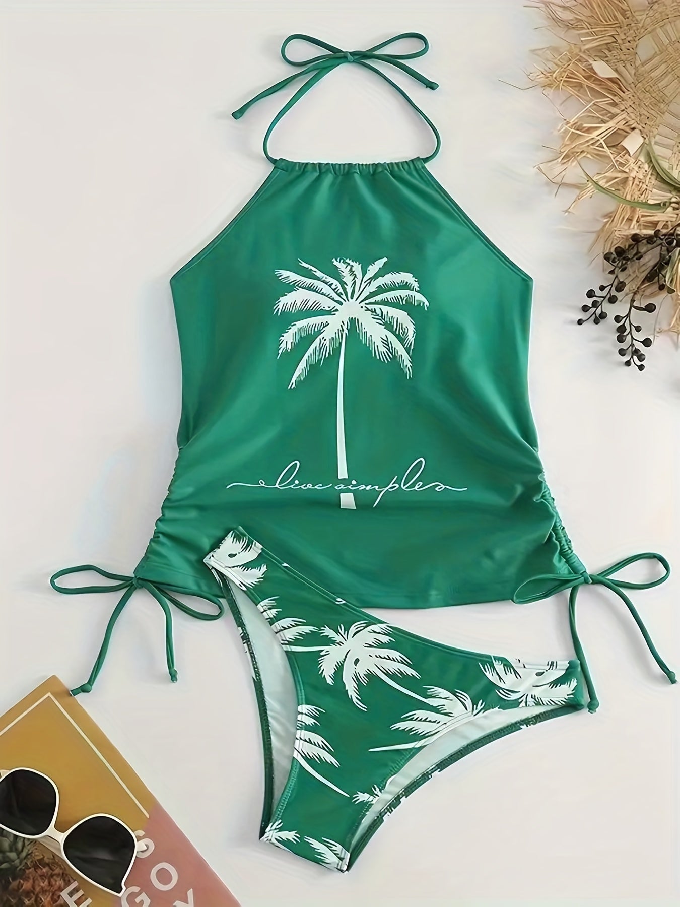 Coconut Tree Tankini Set Green Halter Neck Drawstring Swimsuit Women's Swimwear