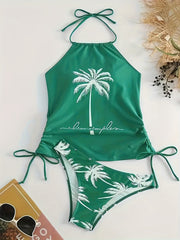 Coconut Tree Tankini Set Green Halter Neck Drawstring Swimsuit Women's Swimwear