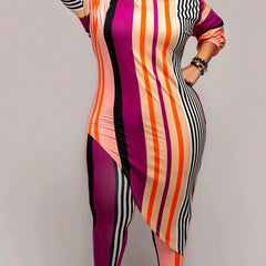 Colorblock Striped Print Longline Tops & Skinny Pants Set