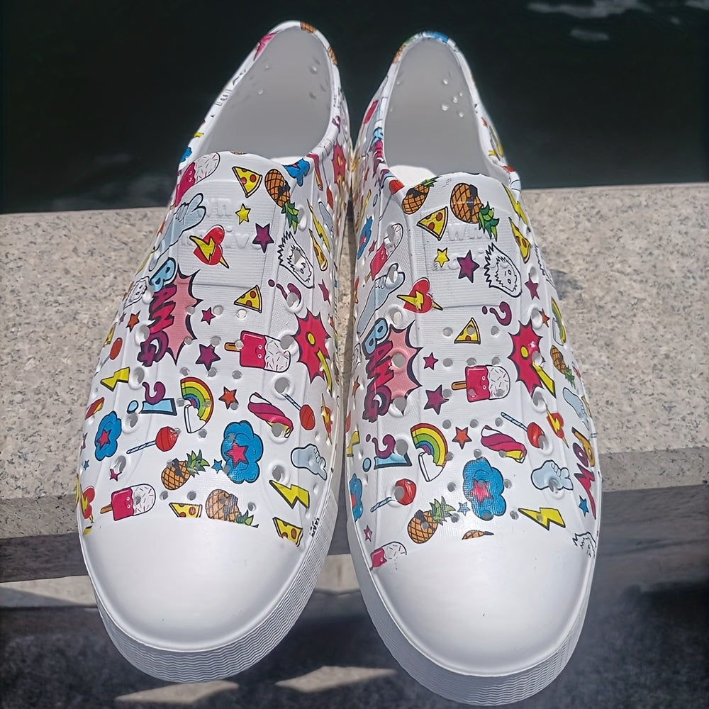 Women's Graffiti Hollow Out Slip On Low Round Toe Beach Shoes