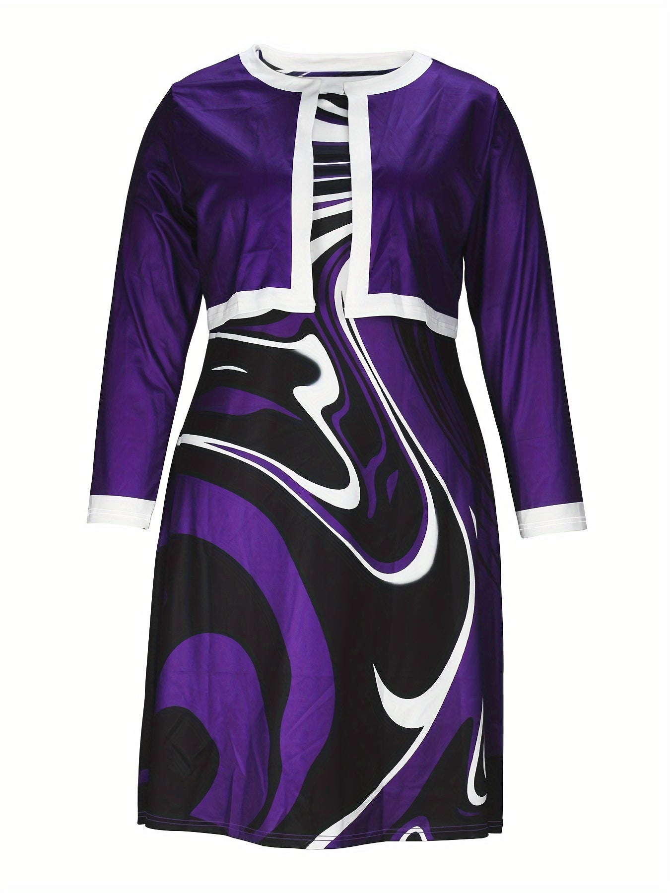 Contrast Trim Long Sleeve Crop Coat & Graphic Print Dress Set