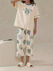 Cartoon Cat Pajama Set Short Sleeve Top & Capris Pants