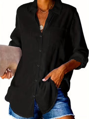 Basic Blouse Women's Plus Solid Button Up Roll Up Sleeve
