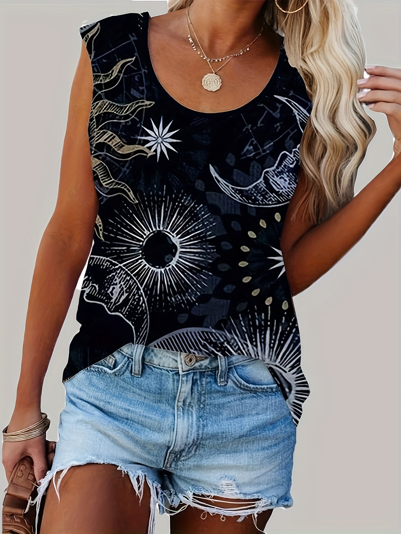 Sun & Moon Print Crew Neck Tank Top for Women
