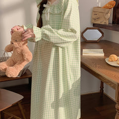 Plaid Print NightDress Ruffle Long Sleeve Crew Neck Pajama Dress
