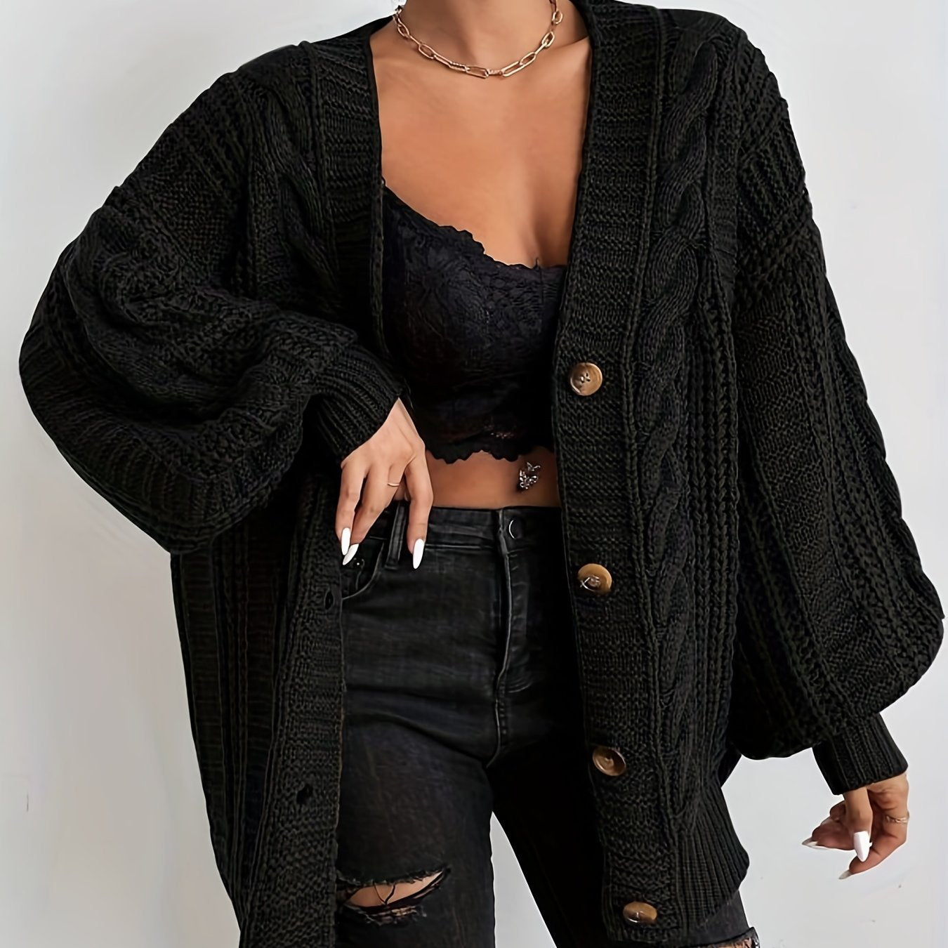 Cable Knit Lantern Sleeve Cardigan