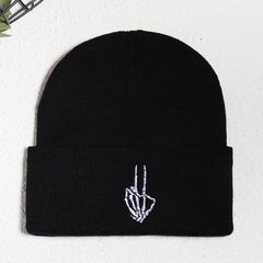 Men's Victory Sign Skull Knit Beanie Hat