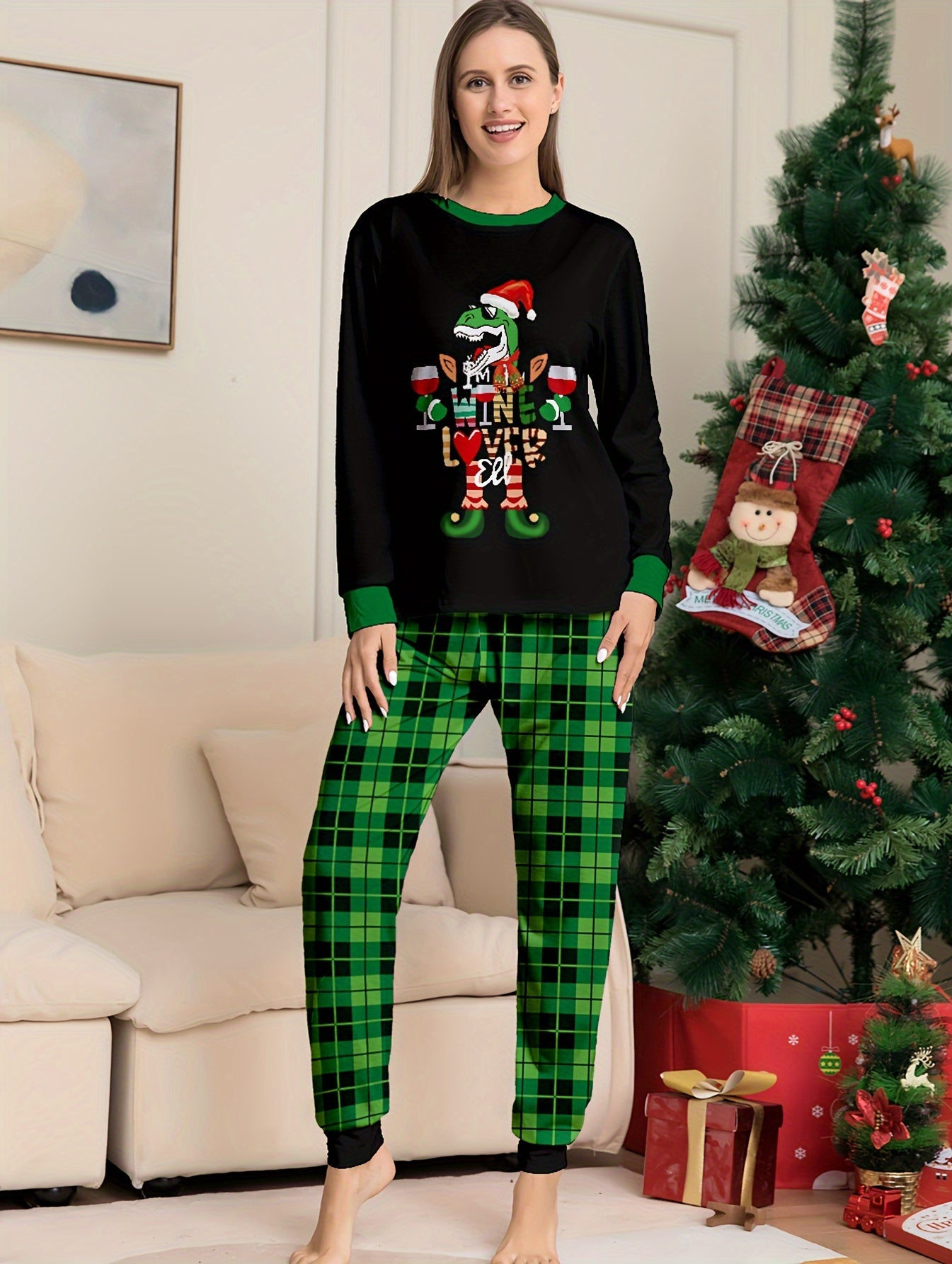 Christmas Dino Print Pajama Set Long Sleeve Top & Plaid Pants Women's Sleepwear