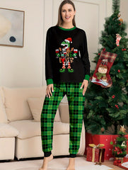 Christmas Dino Print Pajama Set Long Sleeve Top & Plaid Pants Women's Sleepwear