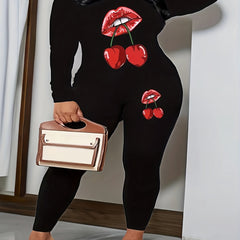 Red Lip & Cherry Print Long Sleeve V Neck Top & Leggings Set