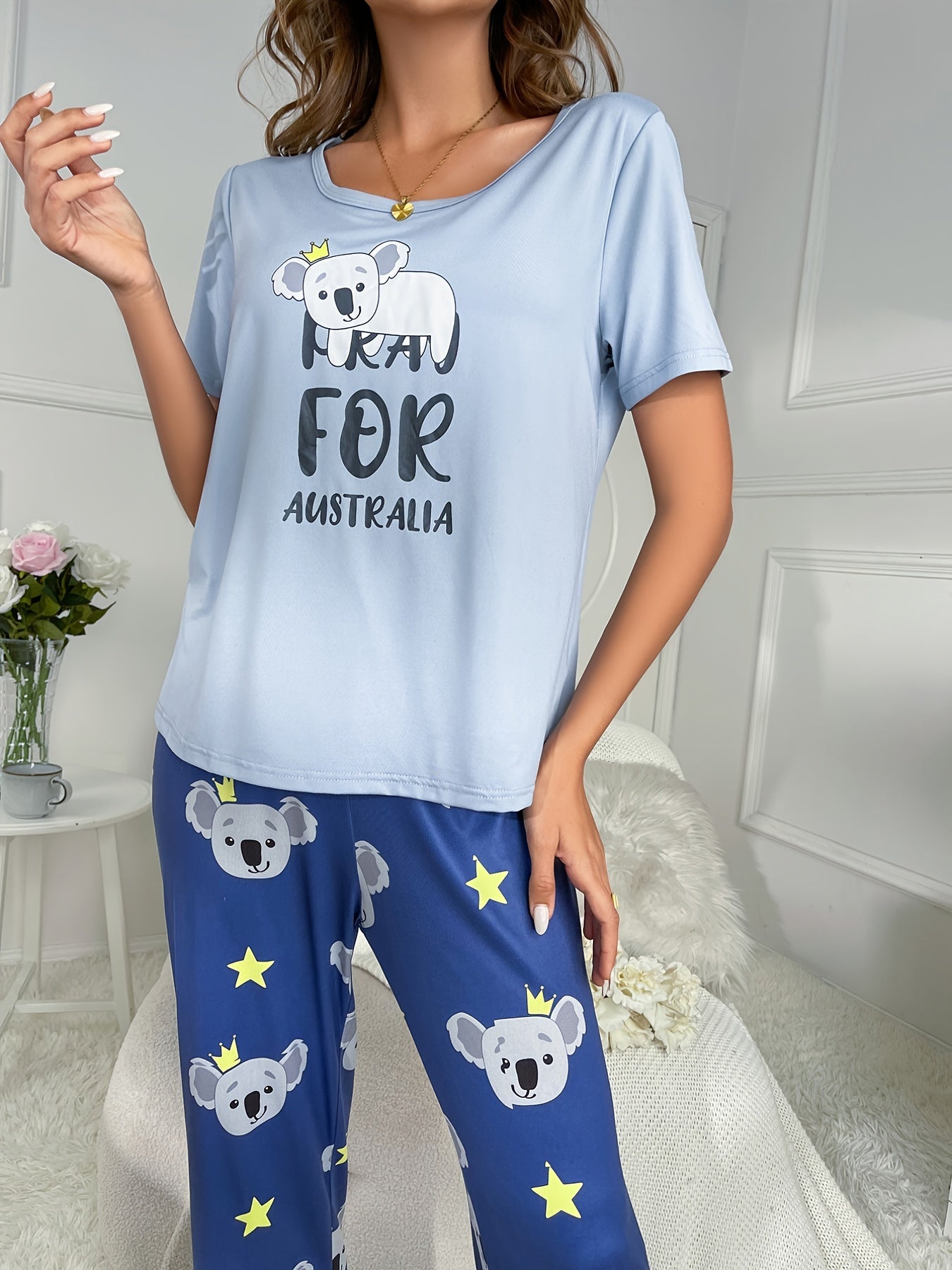 Koala Print Pajama Set Short Sleeve Top & Pants