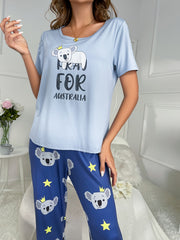 Koala Print Pajama Set Short Sleeve Top & Pants