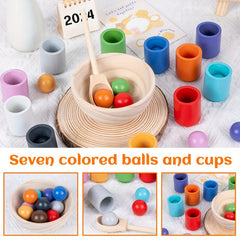 Wooden Rainbow Ball and Cup Sorting Game for Ages 3