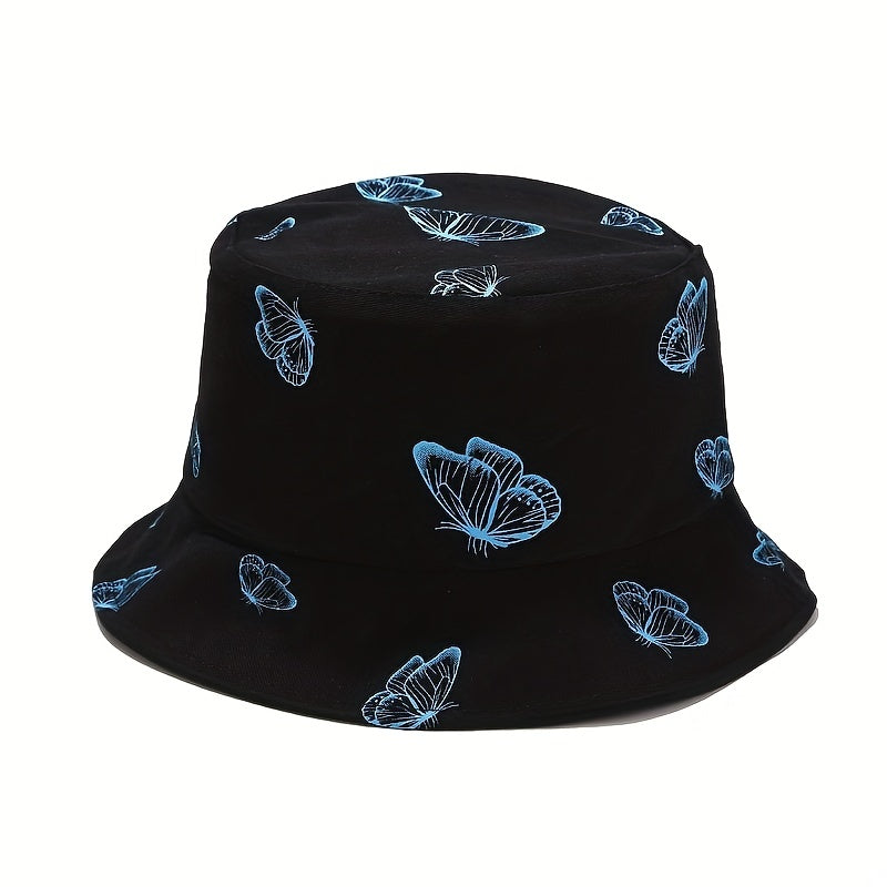 Butterfly Print Bucket Hat Women Reversible Sun Cap Sunscreen
