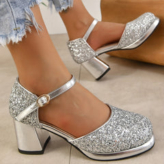 Glitter Sequins Block Heels Buckle Strap Dress Pumps