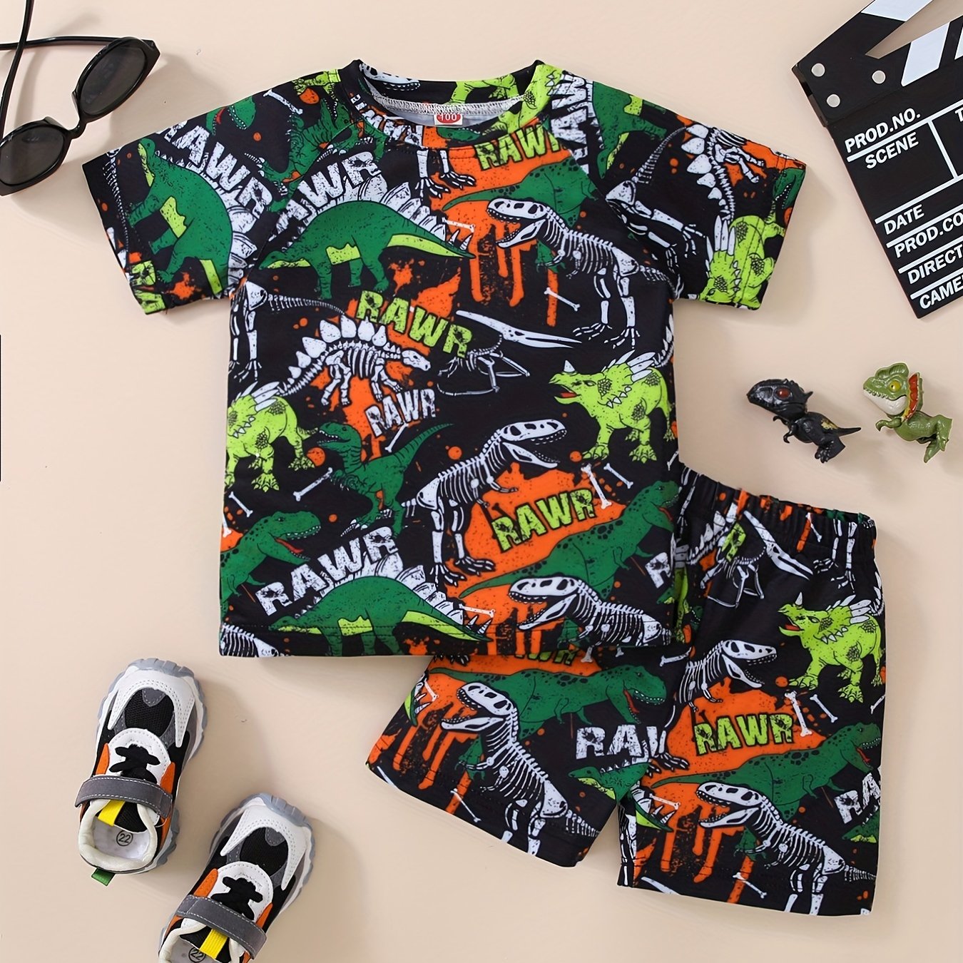 Boys Dinosaur Print Quick Dry Swimming Suit & Shorts Set