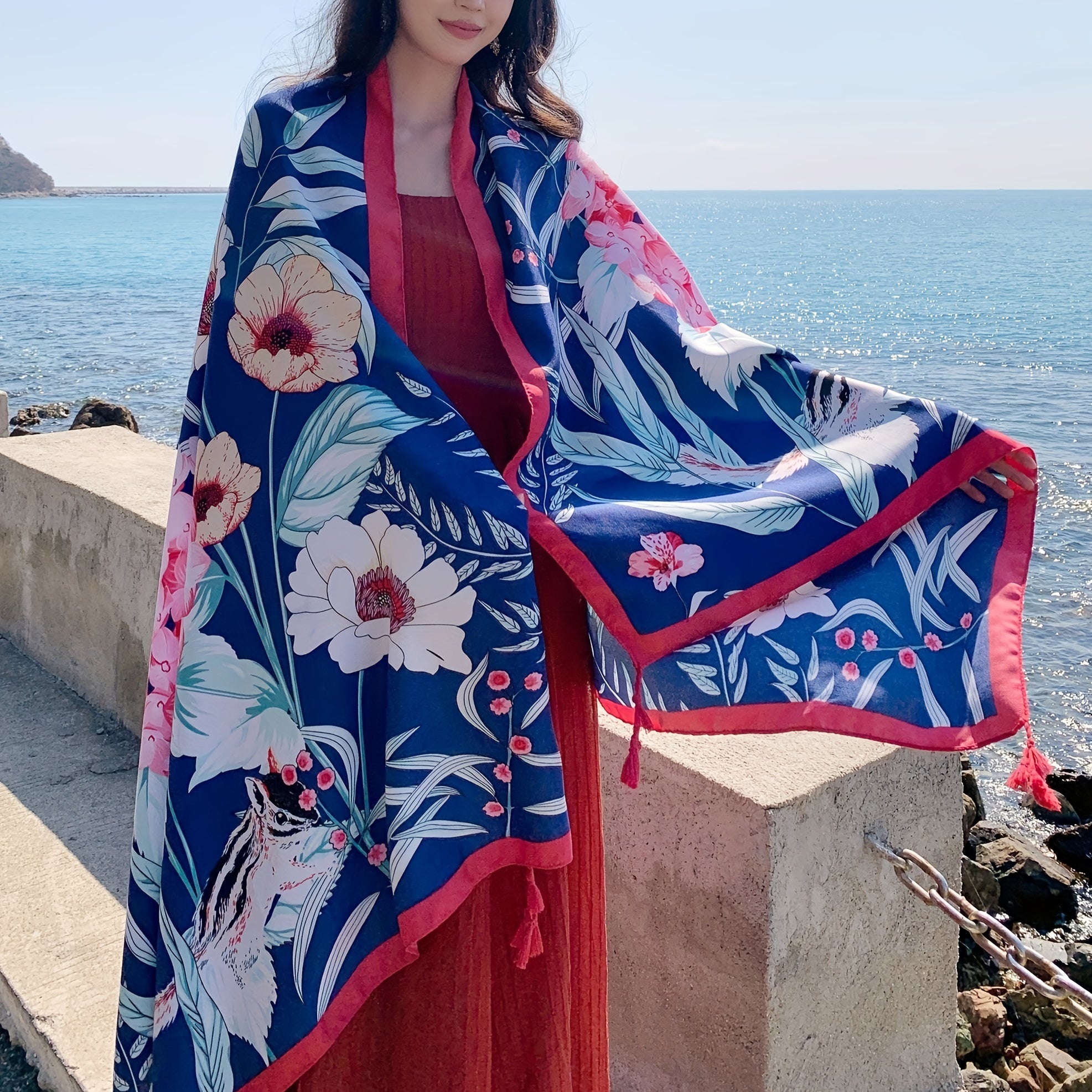 Boho Flower Print Oversized Tassel Scarf Sunscreen Head Wrap