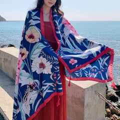 Boho Flower Print Oversized Tassel Scarf Sunscreen Head Wrap