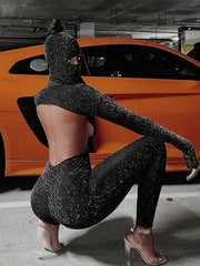 Sexy Sequin Jumpsuit High Collar Backless Hooded