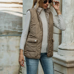 Solid Zip Up Vest Stand Collar Sleeveless Vest With Pockets