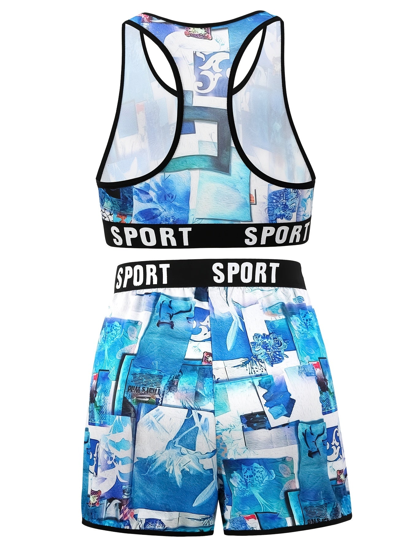 Sea Print Racer Back Bra & Shorts Set Plus Size Women's Sporty Underwear