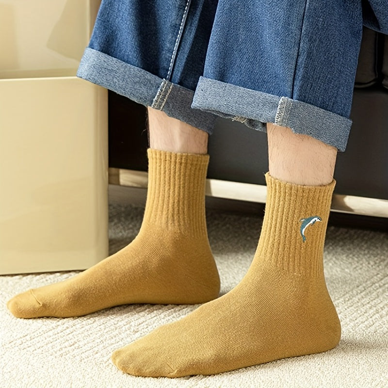 Men's Solid Crew Socks Breathable Comfy Casual Unisex Outdoor All Seasons
