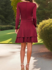 Solid Long Sleeve V Neck Layered A line Dress