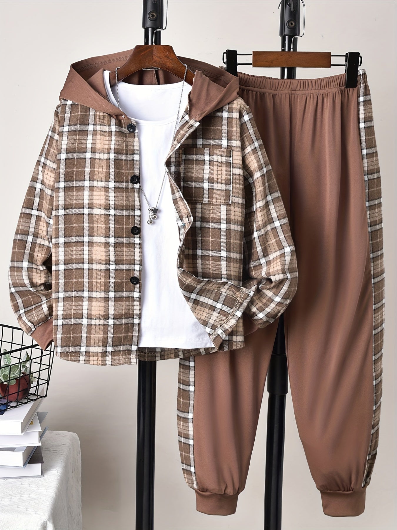 Boys Plaid Button Front Hooded Shirt Sweatpants Set
