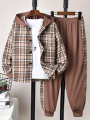 Boys Plaid Button Front Hooded Shirt Sweatpants Set