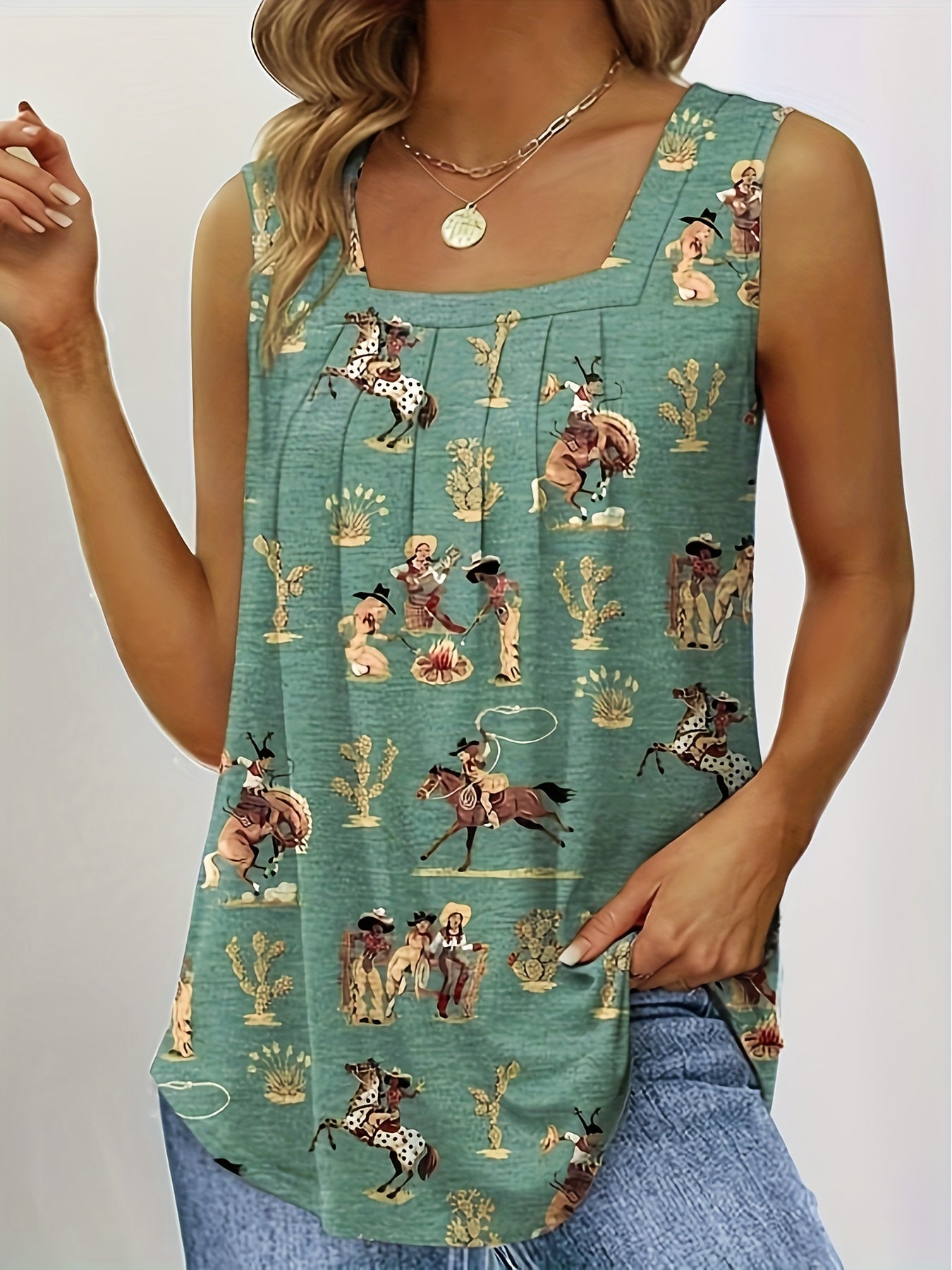 Cowboy Print Square Neck Stretch Tank Top