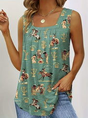 Cowboy Print Square Neck Stretch Tank Top