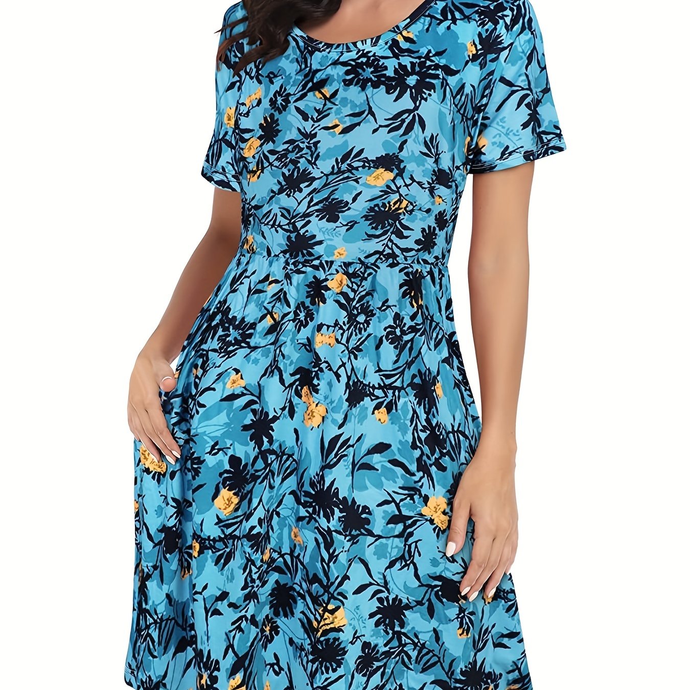 Floral Print Dress Casual Crew Neck Short Sleeve Random Printing Dress