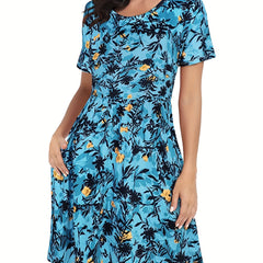 Floral Print Dress Casual Crew Neck Short Sleeve Random Printing Dress