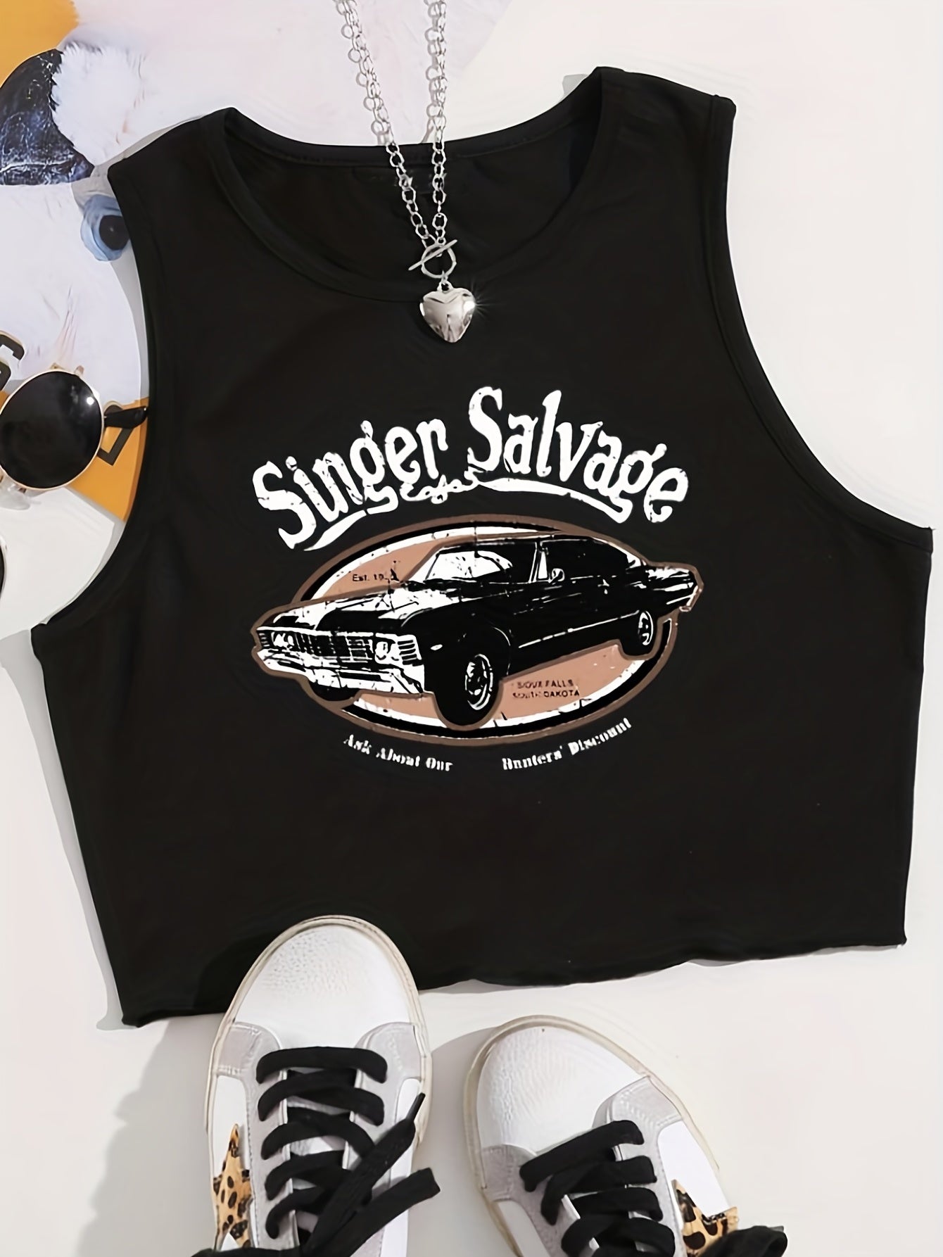 Vintage Car Print Crop Tank Top Sexy Summer Sleeveless Casual Top
