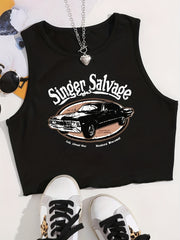 Vintage Car Print Crop Tank Top Sexy Summer Sleeveless Casual Top